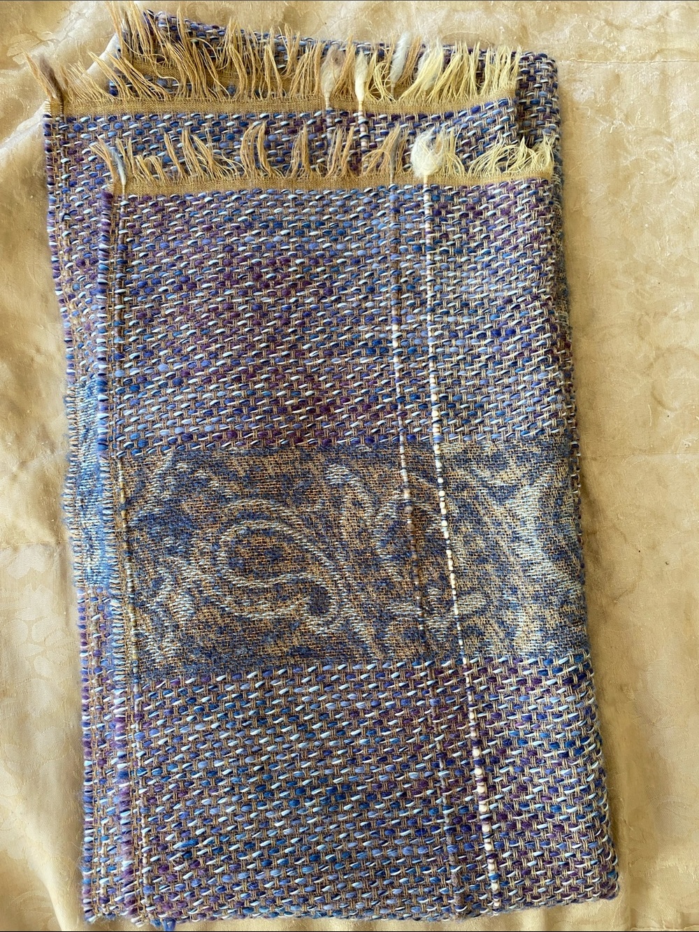 Ostinelli Italian Woven Patterned Scarf in Blue, Purple and Gold